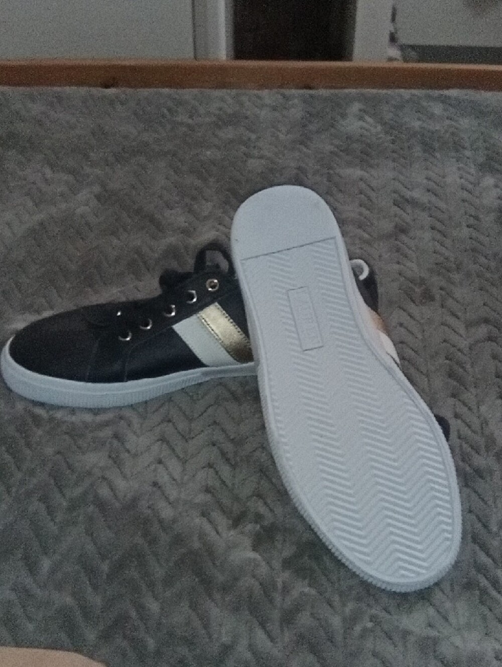 Lauren Ralph Lauren Black Sneakers with Gold and White Stripe Accents - Picture 2 of 3